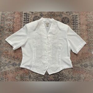 Vintage White Western Boho Cowgirl Button Down Short Sleeve Blouse Women's 14P